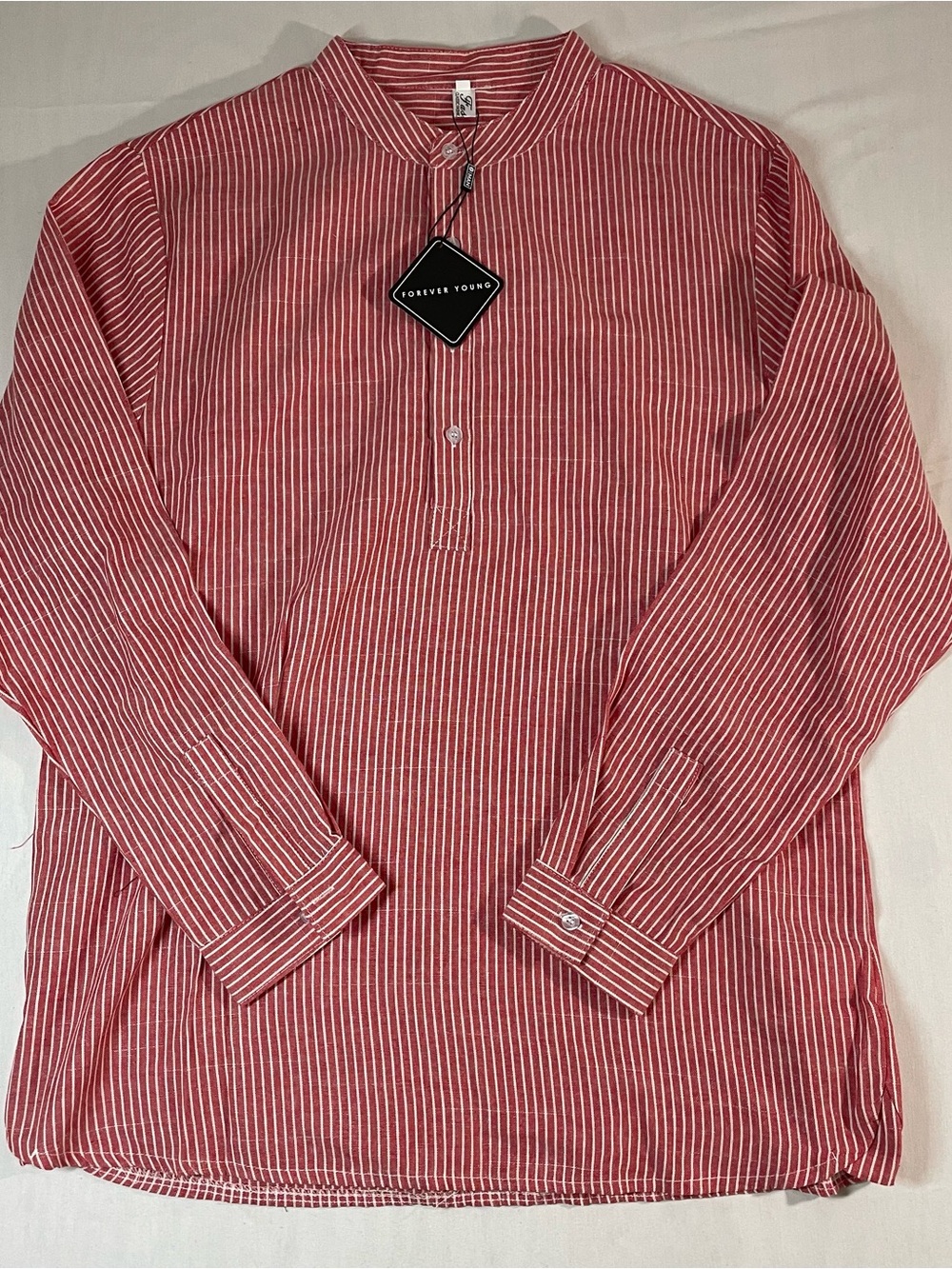 IMAN Red & White Striped Band Collar Shirt